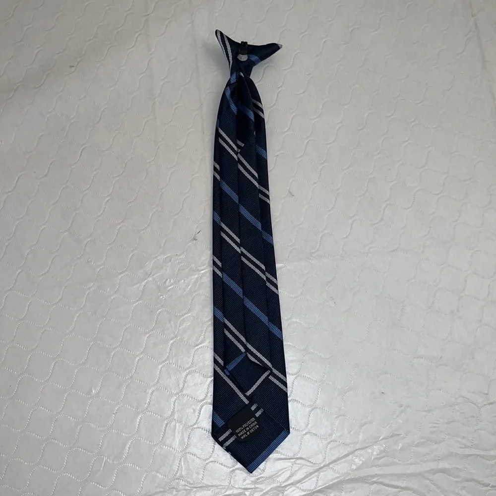 Blue striped clip on tie